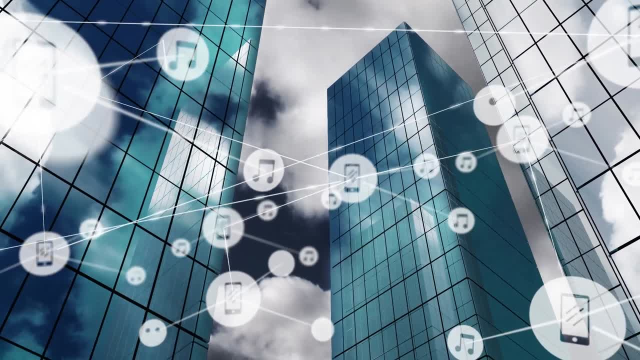 都市景観に重ねて表示される統計情報を伴うネットワーク接続のアニメーション