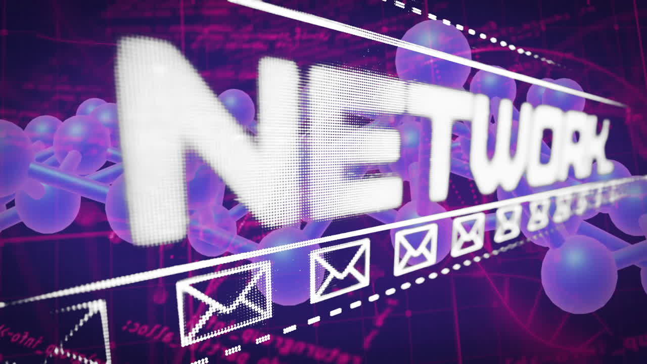 Network text with email icons over digital data and molecular structures animation