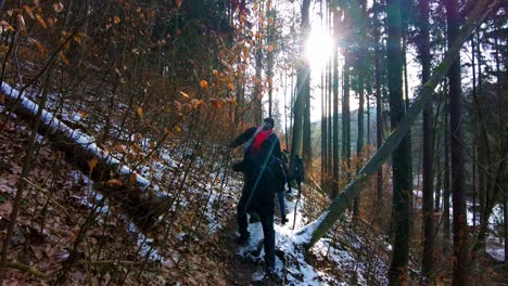 Eine-Gruppe-Von-Freunden-Wandert-Während-Des-Wintersonnenuntergangs-Gemeinsam-Durch-Den-Verschneiten-Wald-Und-Erlebt-Die-Freude-Und-Schönheit-Der-Winterlandschaft