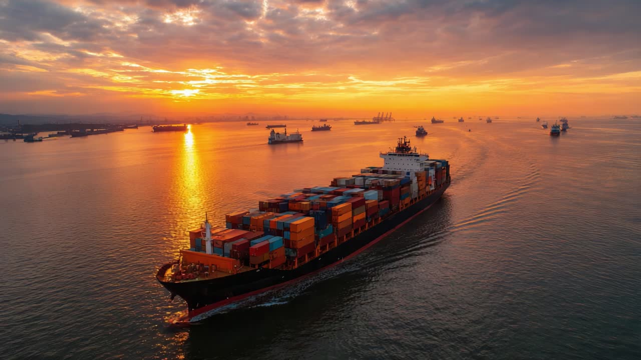 A Majestic Freight Ship Navigates the Tranquil Waters at Dusk, Surrounded by a Glorious Sunset and a Fleet of Other Vessels in the Distance