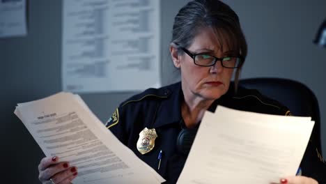 dedicated police officer analyzing important documents in a dimly lit office, reflecting on her duties and responsibilities with focus and precision