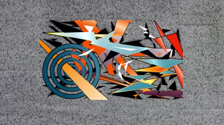 Animation of multiple colourful shapes on gray background