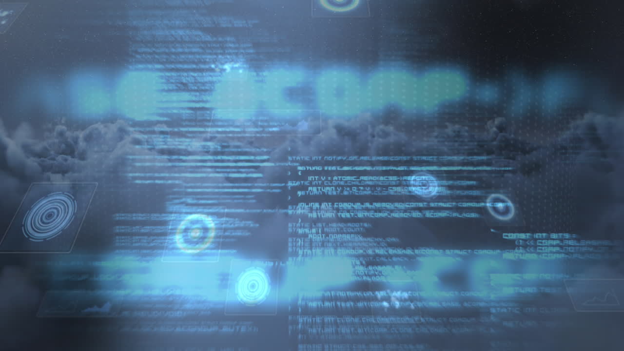 구름이 가득한 하늘 위에서 스캔 및 데이터 처리의 애니메이션