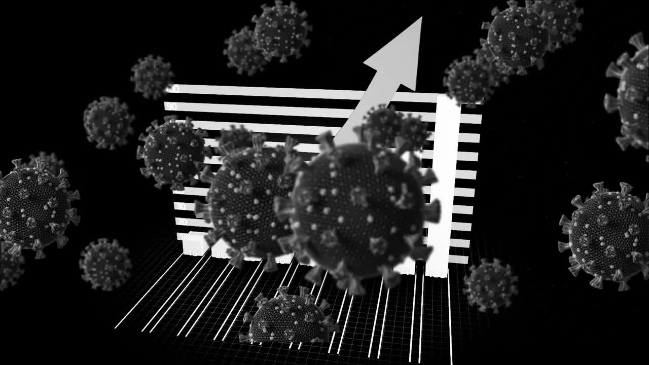 covidanimation de células de covid 19 flotando sobre las estadísticas y el procesamiento de datos
