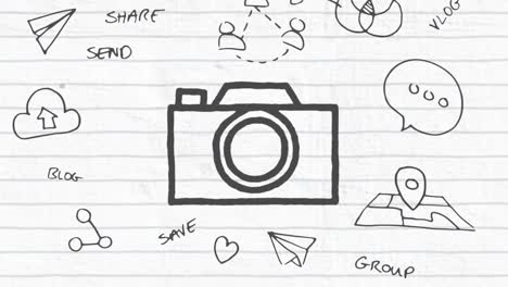 animation of black outline camera icon hand drawn with a marker on white lined paper