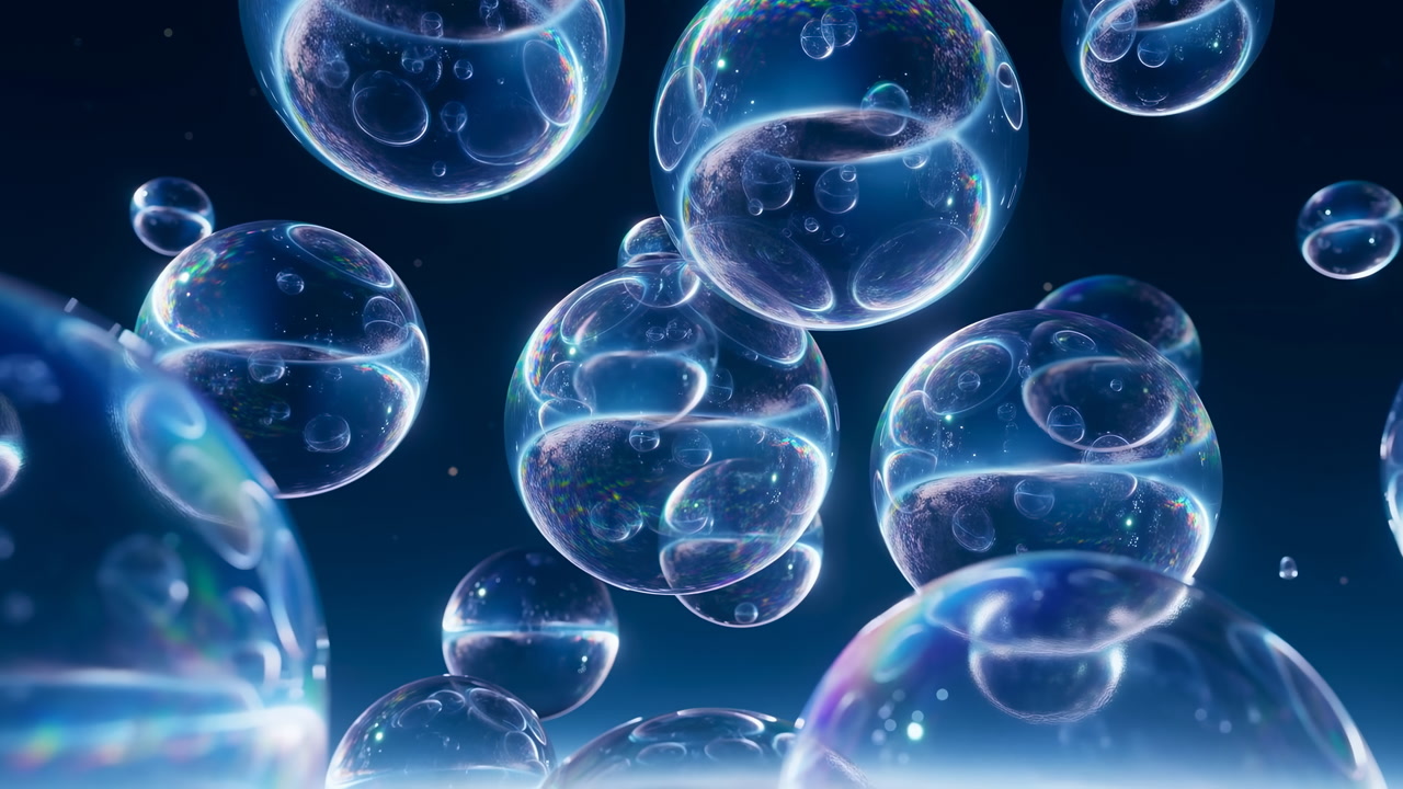 Iridescent Bubbles Floating On Deep Blue Backdrop, Macro Closeup Of Translucent Soap Spheres With Luminous