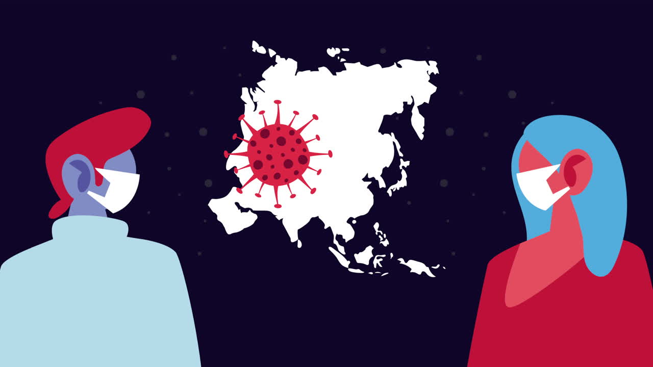 코로나19를 예방하기 위해 얼굴 마스크를 사용하는 커플과 유럽과 아시아 지도