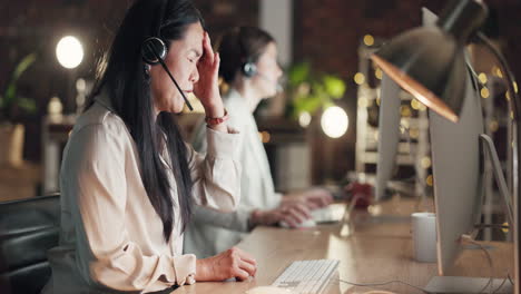 headache, migraine or asian woman in call center