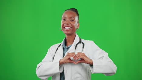 Doctor,-woman-hands-and-green-screen-for-heart