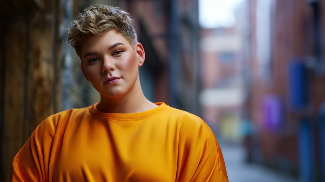 Um jovem confiante vestindo um suéter laranja brilhante posa em um beco urbano, capturando a essência da juventude moderna e do estilo de vida urbano através da moda e atitude