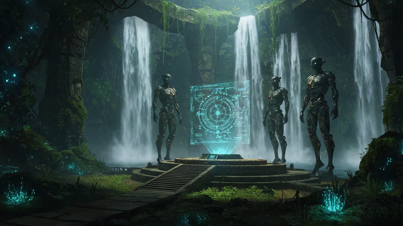 Mysterious Guardians of the Ancient Ruins: A Robotic Encounter in a Lush Jungle Oasis Surrounding Cascading Waterfalls and High-Tech Artifice