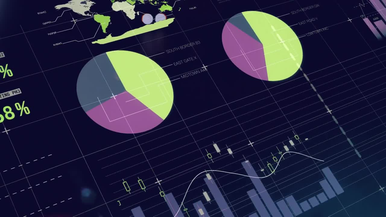 animación de una pantalla digital con diversos datos y gráficos sobre un fondo negro