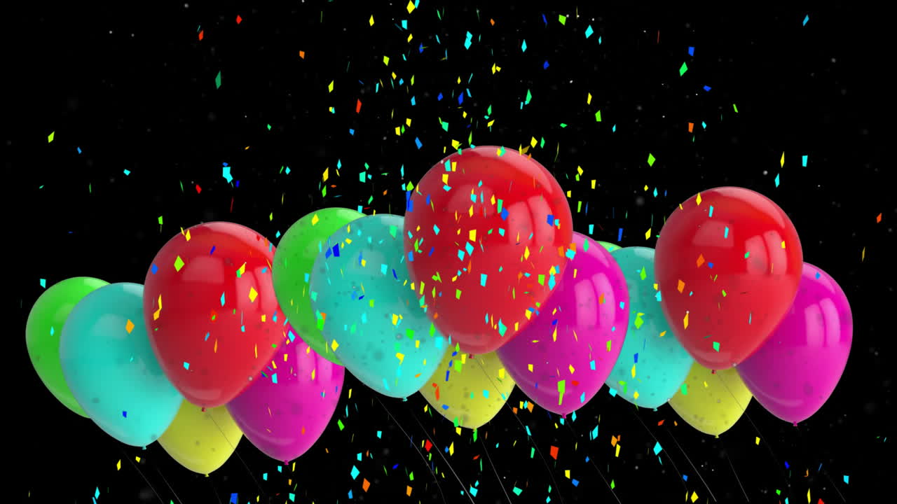 Floating colorful balloons with vibrant animation of confetti against black background