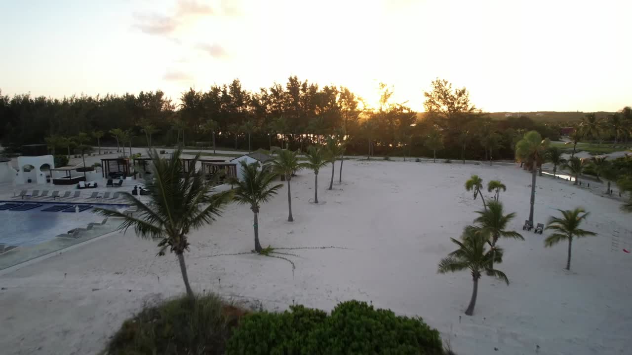 Sunset Scenery On An Idyllic Resort In Bahamas During Summer - aerial drone shot