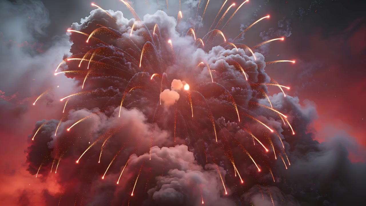 Igniting red firework burst forming inside dense cloud plumes at dusk, illuminating sky