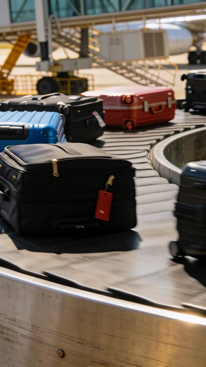 Vertical video: Rotating belt carrying suitcases circling carousel at airport, delivering luggage