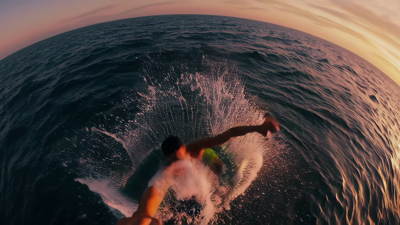 Person cliff jumping into the ocean at sunset