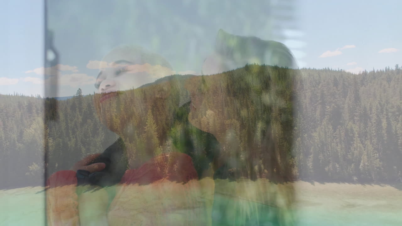Embracing couple with scenic forest landscape animation overlay in school setting