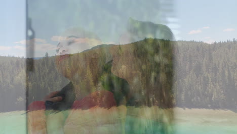 embracing couple with scenic forest landscape animation overlay in school setting