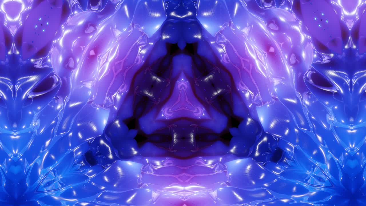 abstract symmetric 3D structures with looped animation, smooth blue purple color gradients, glow glitter. Kaleidoscope effect with abstract fractal waves. Beautiful abstract bg with 3d pattern. DOF