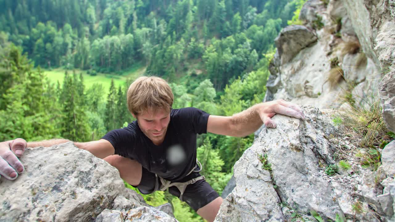 rock climber man reach top mountain. Motivation , reaching goal, target concept