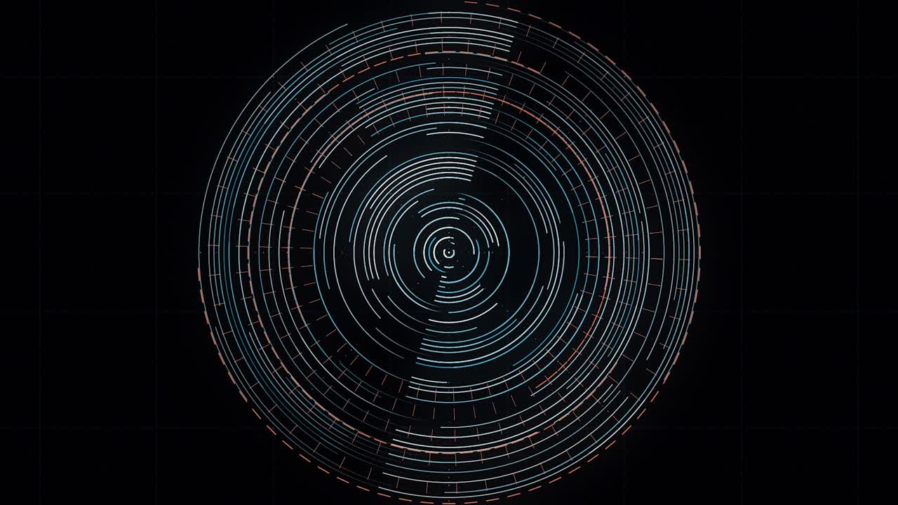 Disc shaped graphic object with internal lines. Animation. Abstract circle that rotates in the center in a clockwise direction on black background, seamless loop.