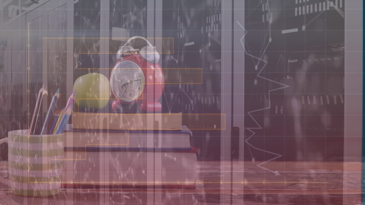 animación del procesamiento de datos en la sala de servidores y los elementos escolares