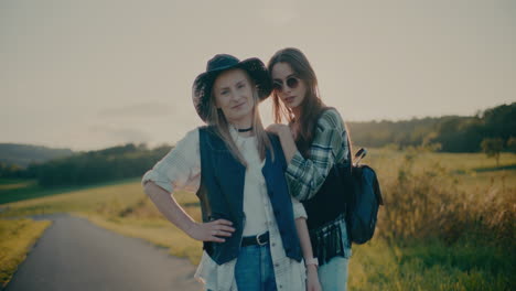 amigas elegantes de pie juntas en la carretera