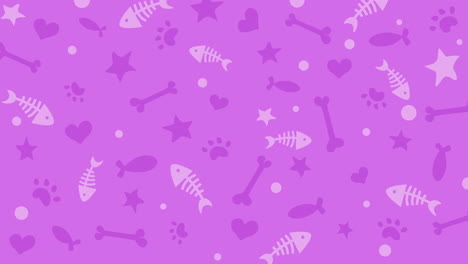 animated pattern with bones, fish, heart, paw icons on a pink background. animal looped motion graphics.