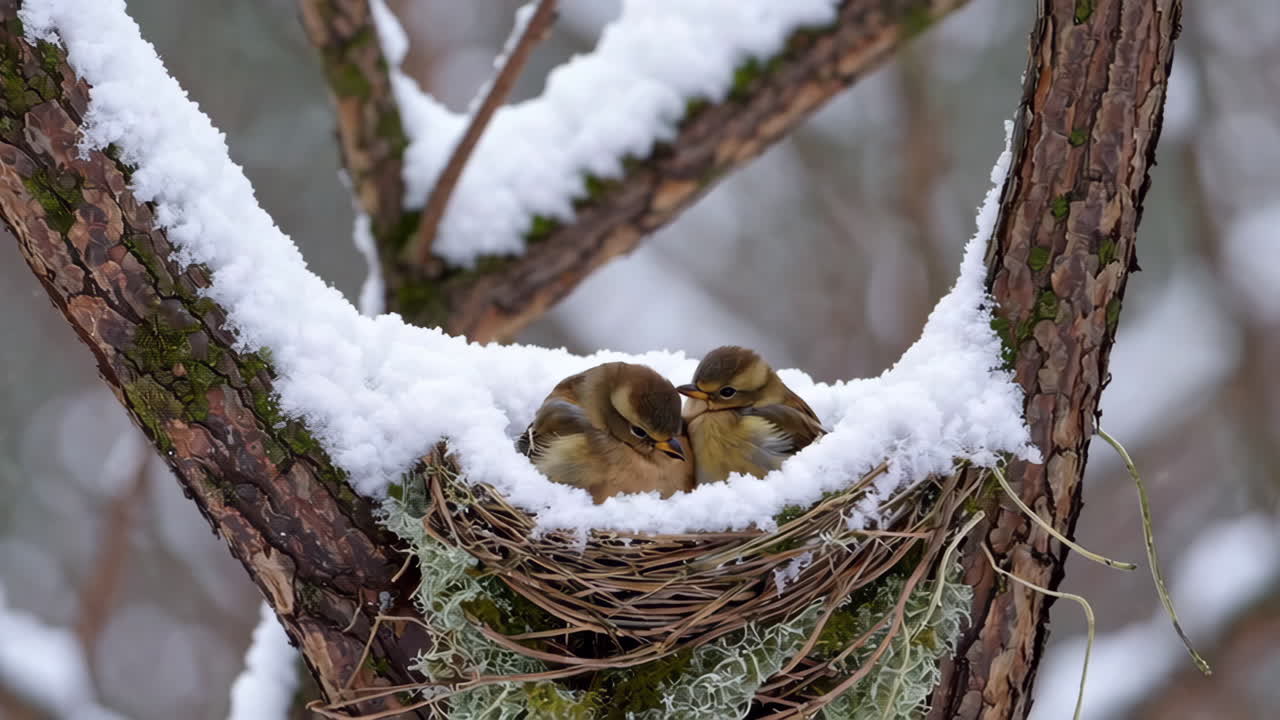 Vogelküken kuscheln sich in einem verschneiten Nest