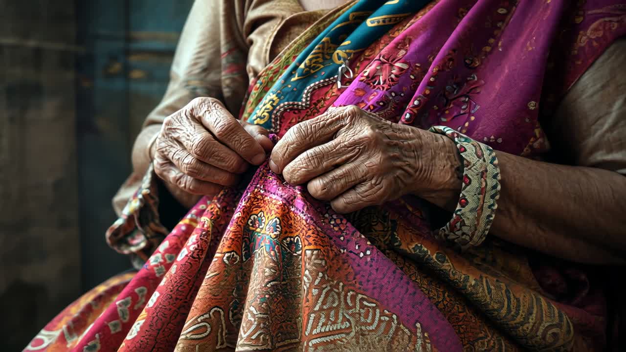 Pinching sari, senior woman aligning fabric and sewing by hand in modest room with needle, bangles