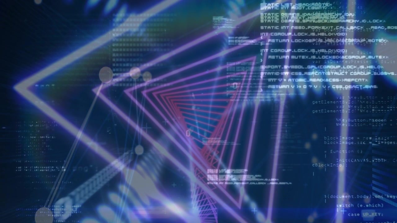 Animation of data processing over neon shapes on black background