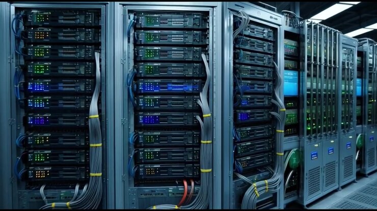 Dolly Shot Moving Through a Modern Data Center Server Room