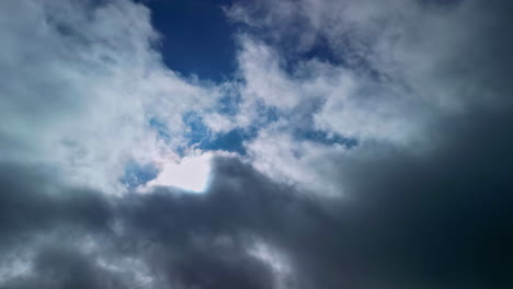 Time-lapse-of-dark-grey-white-clouds-moving-across-in-front-of-sun-and-blue-sky