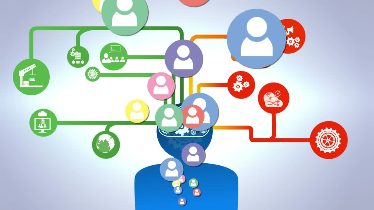 animación digital de iconos de perfil flotando sobre una red de iconos digitales contra un fondo gris