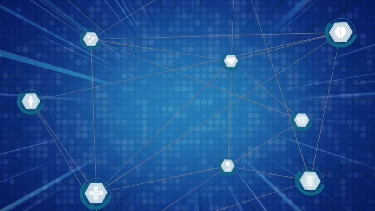 Network of digital icons against light trails and mosaic squares on blue background