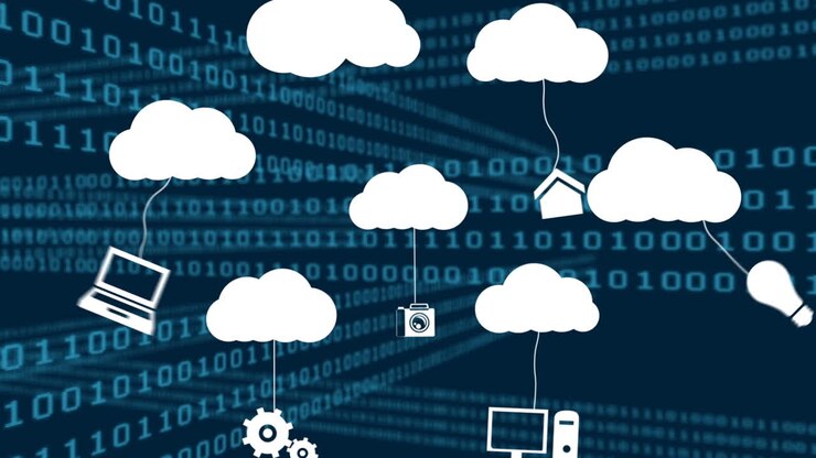 Animation of cloud icons and data processing over dark background