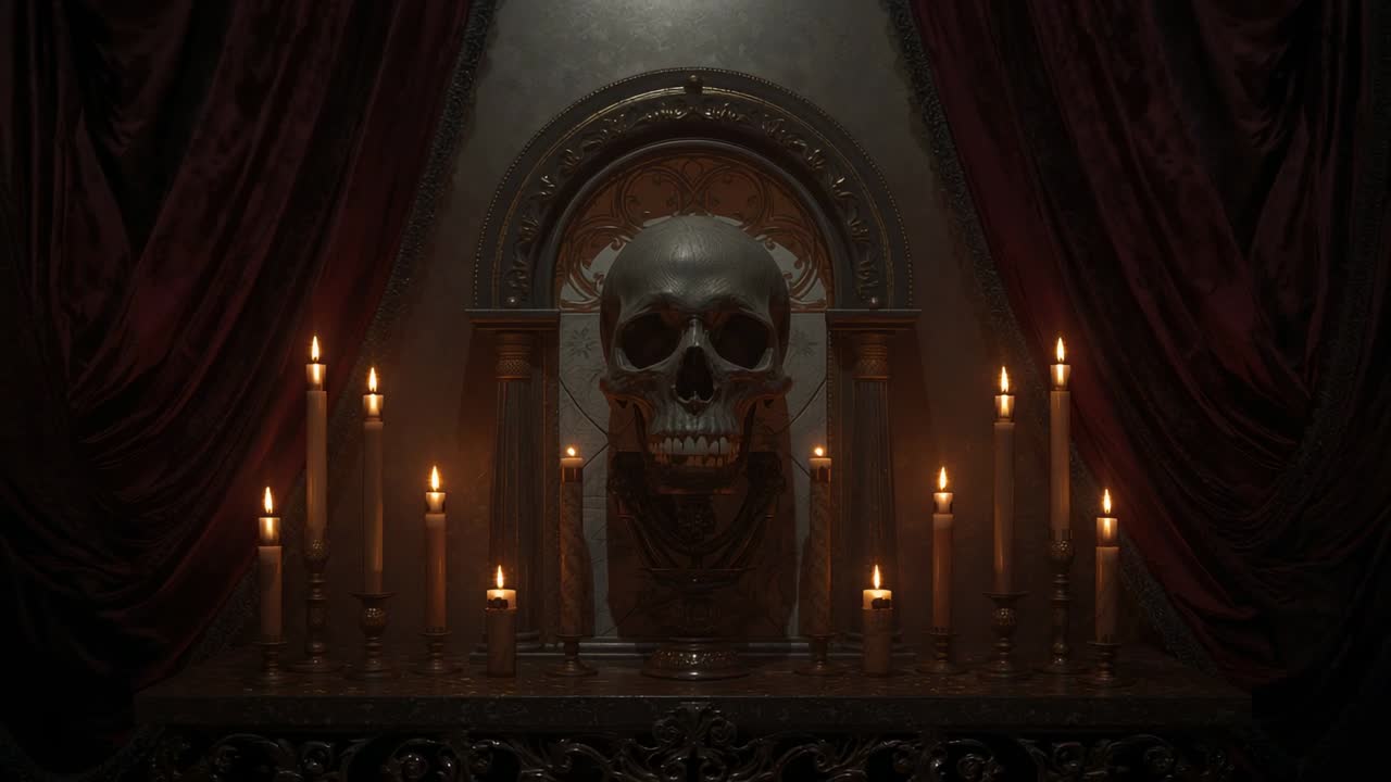 Flickering candle flames casting moving light over skull on altar in curtained alcove, rising smoke