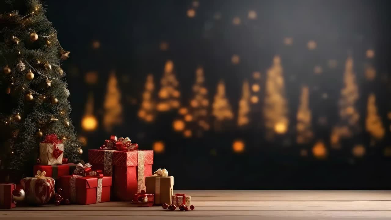 Scena video festiva con regali sotto un albero, ripresa da un angolo basso, luci bokeh sullo sfondo