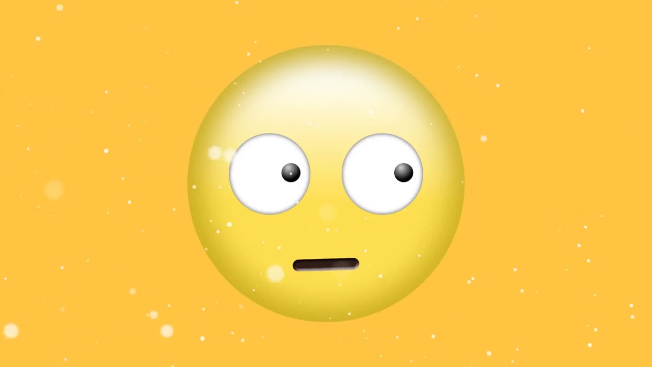 animación digital de partículas blancas que caen sobre un emoji de cara confusa sobre un fondo amarillo