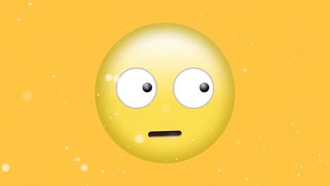 Digitale-Animation-Von-Weißen-Partikeln,-Die-über-Verwirrte-Gesichts-Emojis-Auf-Gelbem-Hintergrund-Fallen
