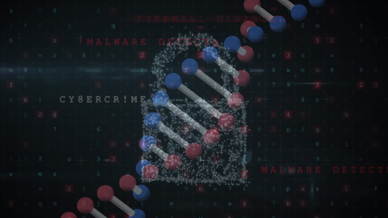 어두운 배경 위의 dna 스트랜드와 온라인 보안  ⁇ 락의 애니메이션