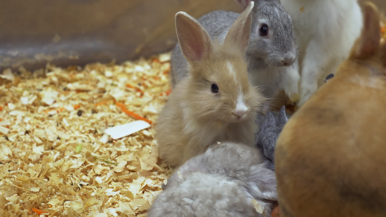 한 에 쳐있는 토끼들은, 태국에 있는 동물원 안에서 당근 스트립과 같은 채소를 먹고 고 있습니다.