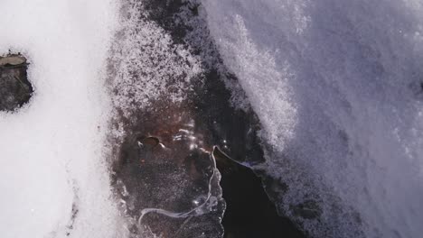 gurgling water running below thin ice and melting snow on sides