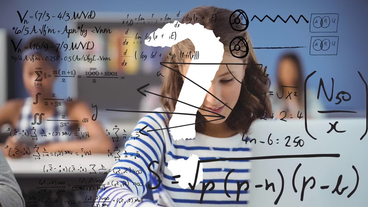 수업에서 다양한 학생들에 대한 수학적 방정식과 함께 질문표의 애니메이션