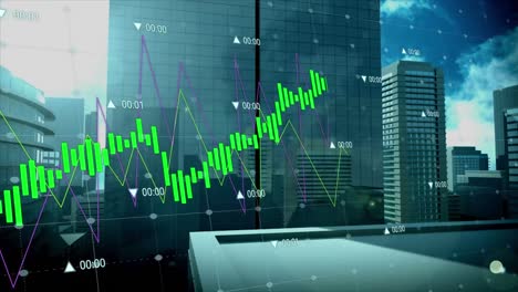 interfaz digital con procesamiento de datos frente a una vista aérea del paisaje urbano