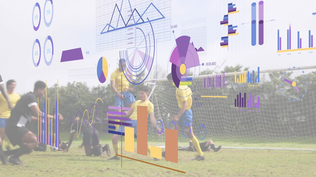 Soccer player receiving pass outrunning defender with chart overlay scoring header