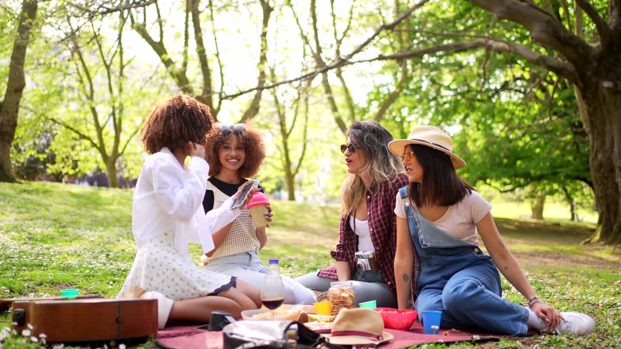 친구 들 이 공원 에서 피크닉 을 즐기고 있다