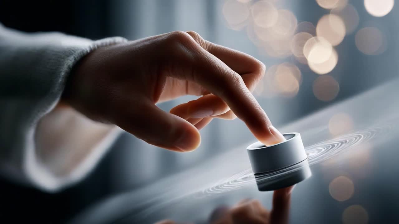 A close-up view of a hand interacting with a modern touchscreen device, effortlessly manipulating a circular interface surrounded by a gentle glow, highlighting advanced technology in everyday use