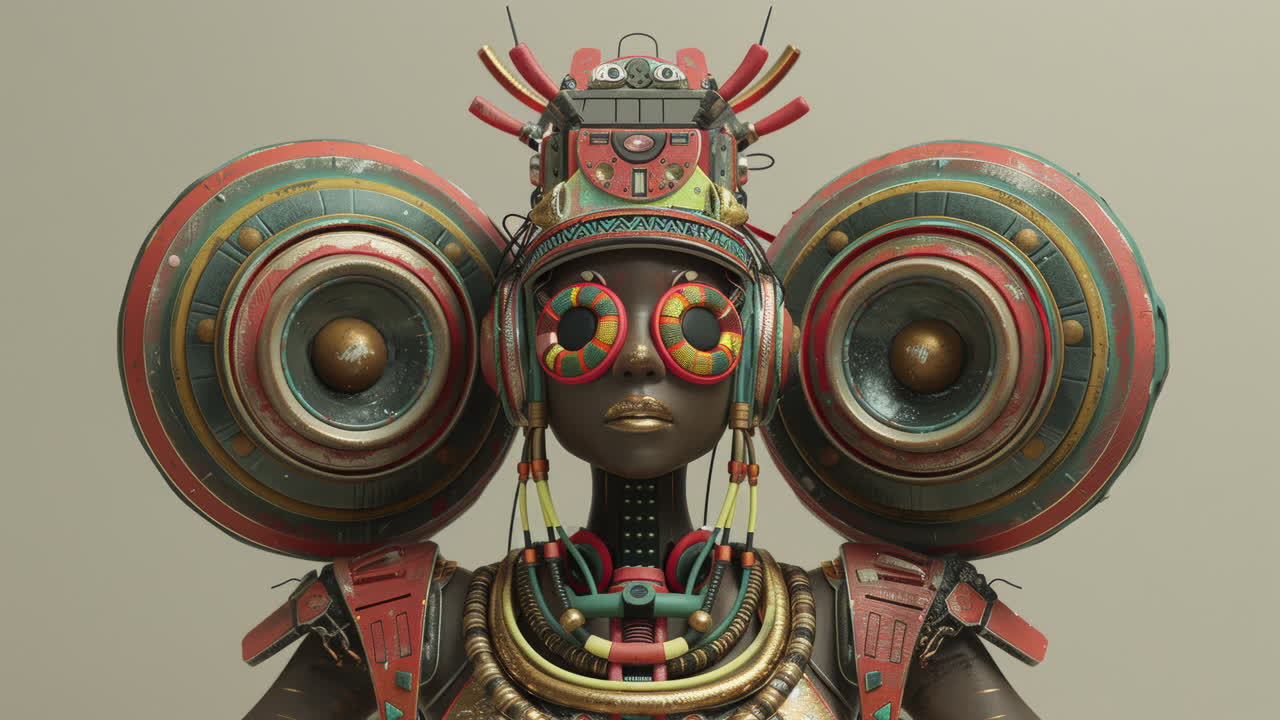 오디오 스피커와 헤드폰으로 만든 금속 여성 동상